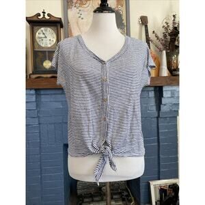 Rachel Zoe M 100% Linen Striped Blouse Tie Front White Boho Classic